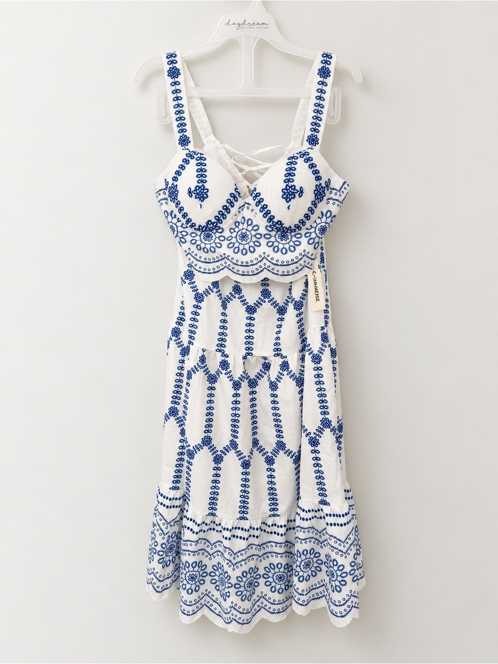 Commense NWT White and Blue Printed Sleeveless Tie Back Skirt Set